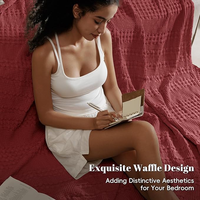 PHF 100% Cotton Waffle Weave Blanket Queen Size for Bed, Soft Lightweight & Breathable, All-Season Comfort, 300 GSM Luxury Aesthetic Blanket for Home Decor, 90"x90", Wine Red