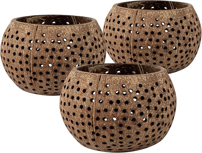 Restaurantware-Coco Casa 4 x 3.3 Inch Coconut Shell Candle Holders, 10 Reusable Tealight Holders - Candle Not Included, Dotted Pattern, Brown Coconut Bowls For Candles, Handcrafted,