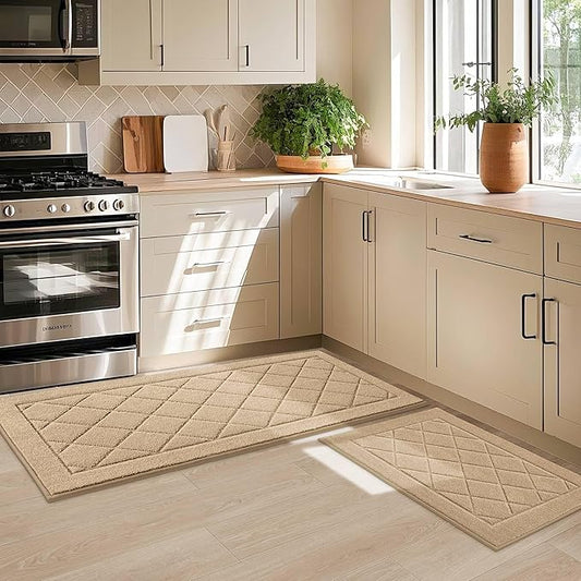JSEI Non-Slip Kitchen Rugs, Self Adhesive No Sliding Kitchen Mats Set of 2, Soft Washable Absorbent Floor Mat for Kitchen, Bathroom, Laundry Room, Bedroom, 20”x32”+32”x48”, Beige, Diamond Pattern