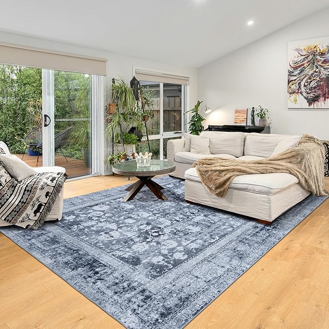 Domitapis Area Rug 5×7, Vintage Boho Rug,Ultra-Soft Low Pile, Washable, Non Slip,Stain Resistant Printed Carpet for Living Room Bedrooms Playroom Office Kitchen, Stone/Blue