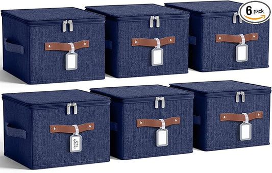 6 Pack Fabric Storage Bins with Lids and Label, 10×8×7Inch Foldable Cotton Linen Cute Storage Boxes with PU Leather Handles for Closet, Bedroom, Shelf, Nursery, Dark Blue