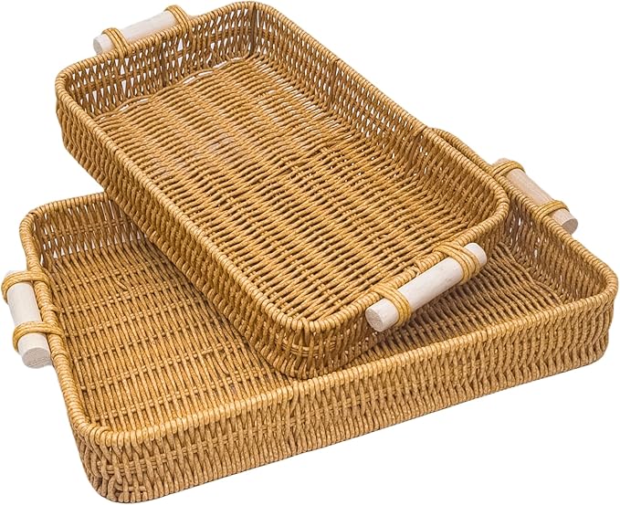 GIB PP Wicker Woven Trays with Handles, Rectangle Rattan Tray Bread Basket for Serving Food, Vegetables, Breakfast, Coffee Table Decor, Set of 2