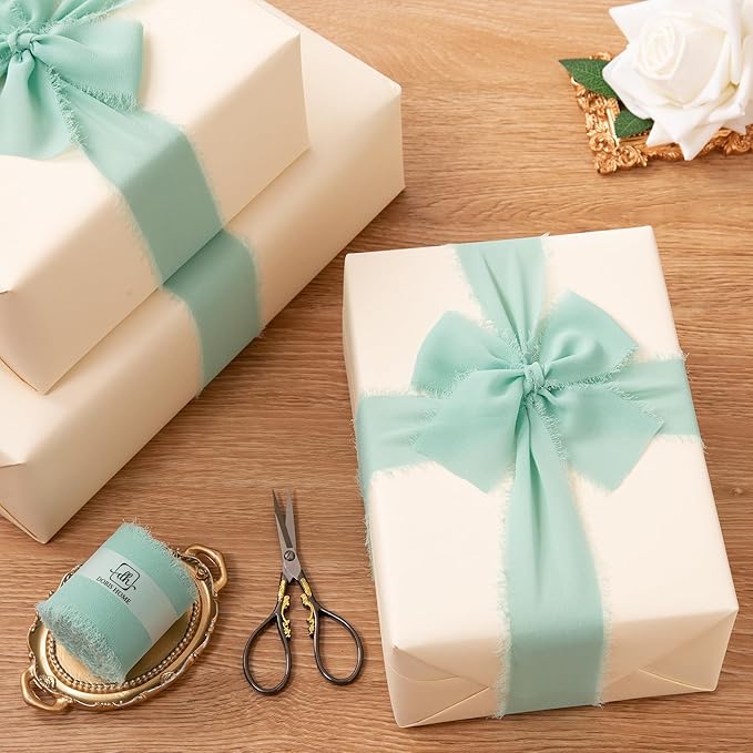 DORIS HOME Mint Green Chiffon Ribbon for Flower Bouquet, 2" x21Yd Fabric Ribbon for Gift Wrapping, Handmade Frayed Ribbon for Wedding, Chiffon Silk Ribbon for Christmas Decorations