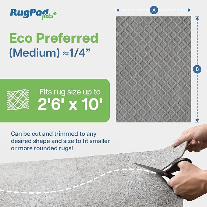 Waterproof Rug Pad, 2'6x10 ft (1/4" Medium) - Non-Slip Cushioned Pad for Area Floors - Washable, Eco-Friendly, Pet-Proof, Scratch-Resistant Rug Underlay