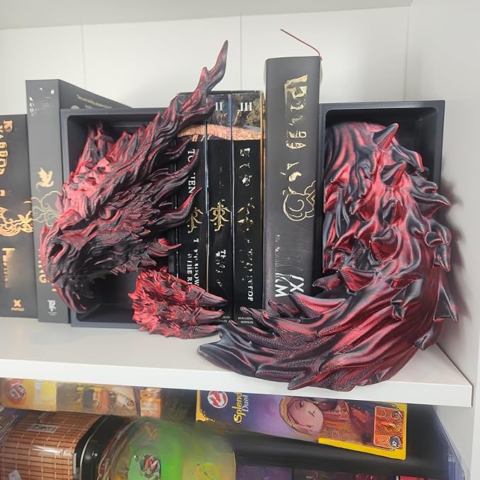 Dragons Awakening Book End – Fantasy Book Nook Insert for Dragon Readers – Unique Home Decor for Bookshelves & Libraries (Head and Tail - Inferno Dragon)