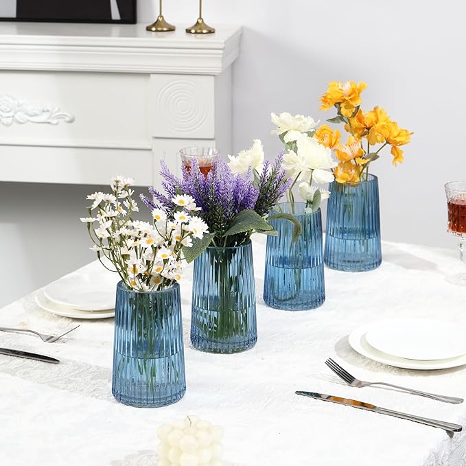 Blue Glass Vases Set of 4, Small Vases for Flowers, Flower Vase for Bouquet, Modern Ribbed Glass Vase for Living Room, Bedroom, Dining Table, Office, Wedding, Centerpieces