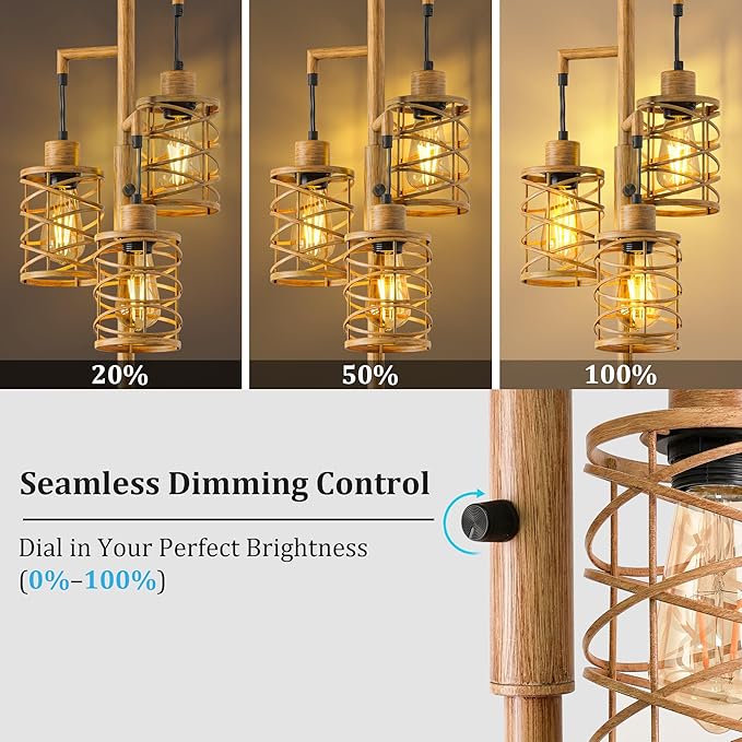 BOBOMOMO 70" Farmhouse Dimmable Floor Lamp, Light Wood Grain Industrial Metal Cage Standing Lamp with 3 LED Bulbs, Stepless Dimming Tall Tree Lamp for Living Room, Bedroom, Studio, Corner