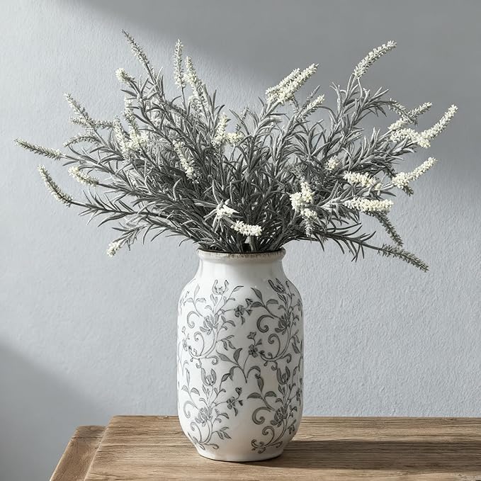 SIDUCAL Ceramic Vintage Vase, 8.78 Inch Chinoiserie Floral Vase, Retro Ice Cracked Rustic Farmhouse Vases for Home Decor, Living Room, Bookshelf, Office, Tuscan Decor, Gray Floral Pattern