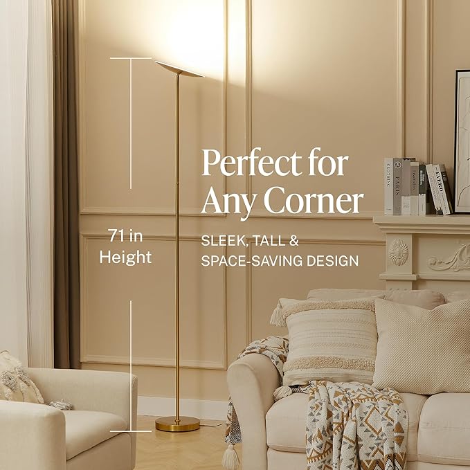 Slothology Skylight LED Floor Lamp, 3200LM, 71" Modern Torchiere in Golden Brass, Stepless Dimming, Remote & Touch Control, Bright Light for Living Room or Bedroom, Weighted Base