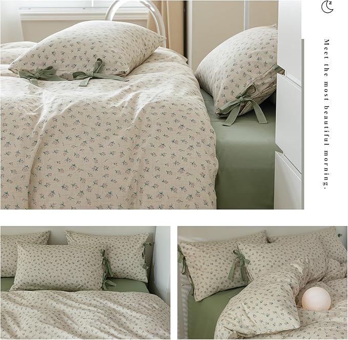 LifeTB Green Floral Duvet Cover Twin XL 3 Pieces Green Blossom Flower Comforter Cover Vintage Floral Cottagecore Bedding Set 100% Cotton Flower Botanical Comforter Cover with 2 Bowknot Pillowcases