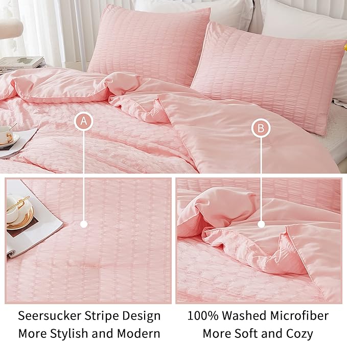 AveLom Blush Pink Seersucker Full Comforter Set (80x90 inches), 3 Pieces - 100% Soft Washed Microfiber Lightweight Comforter with 2 Pillowcases, All Season Down Alternative Comforter Set for Bedding