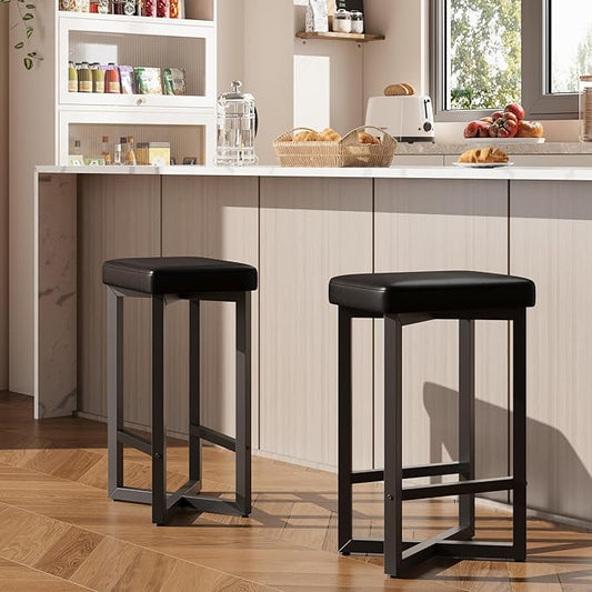 IDEALHOUSE Bar Stools Set of 2, 24.6" Counter Height Backless Barstools, Upholstered PU Leather Seats with Metal X-Frame & Footrest, Modern Kitchen Stools for Home Bar, Dining Room, Black