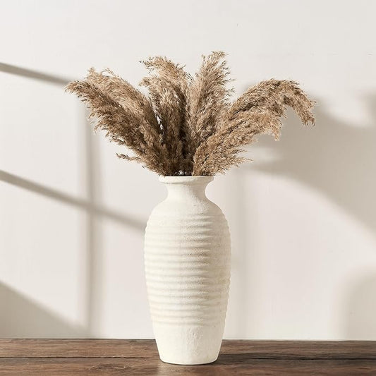 Ceramic Natural Rustic Vase, 14.4 Inch Large Vintage Flower Threaded Decorative Farmhouse Tall Vase for Home Decor, Living Room, Shelf Decor, Wedding, Housewarming Gift, Off-White