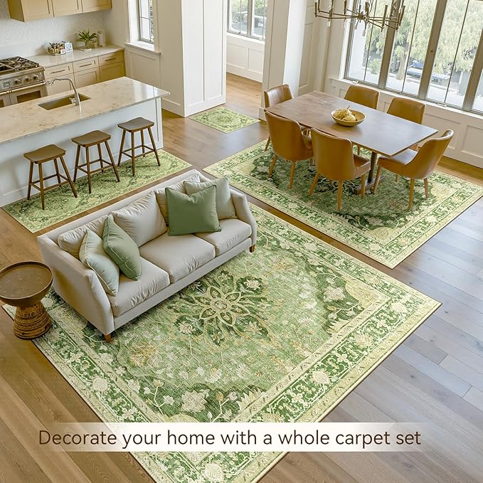 RELEANY Area Rugs 4'x6' Washable Non-Slip, Floral Vintage Distress Print Pattern Medallion Carpet for Living Room Bedroom Dining Room, Sage Green Yellow