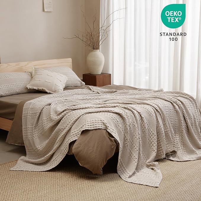 PHF 100% Cotton Waffle Weave Blanket Queen Size for Bed, Soft Lightweight & Breathable, All-Season Comfort, 300 GSM Luxury Aesthetic Blanket for Home Decor, 90"x90", Oatmeal