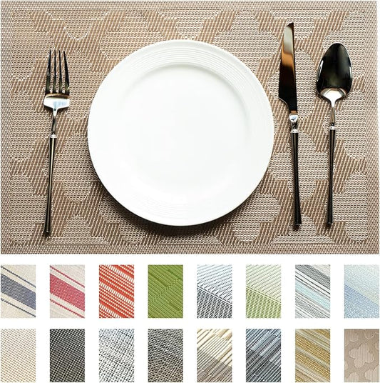 Placemats Set of 8 Vinyl/Plastic Woven Place Mats for Kitchen Table Indoor/Outdoor Washable Placemat Wipeable Dining Table Mats (Dark Brown Clover,8)