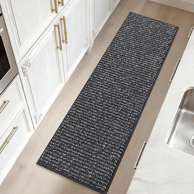 JSEI Kitchen Runner Rugs, 17''x48'' Non-Slip Kitchen Mats for Floor, Machine Washable Absorbent and Stain Resistant Kitchen Rug, Carpet Mats with TPR Backing for Kitchen, Charcoal