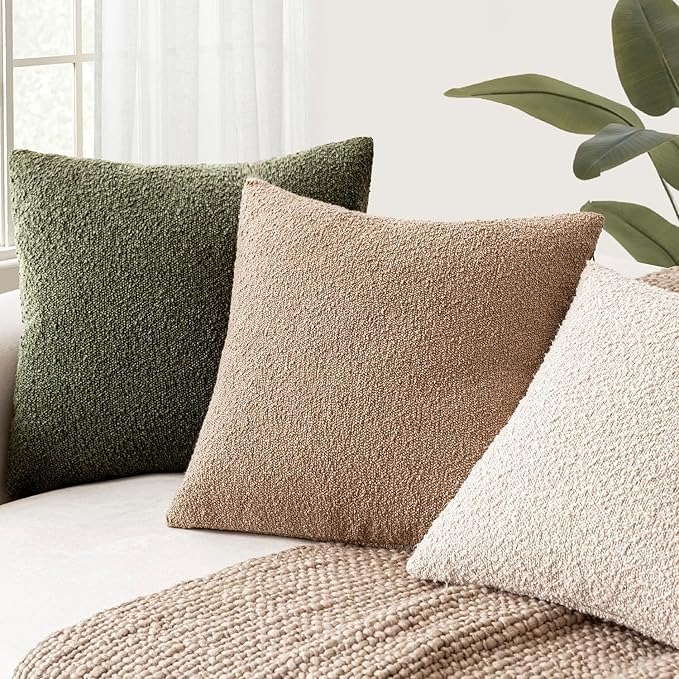 Foindtower Decorative Textured Boucle Throw Pillow Covers Accent Solid Pillow Cases Neutral Soft Cozy Couch Cushion Case for Chair Sofa Bedroom Living Room Home Decor 16x16 Inch,1PC,Moss Green