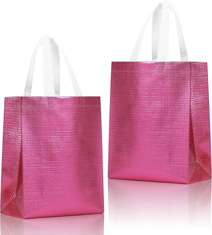 cabzymx 16 Pcs Metallic Bling Small Gift Bags Bulk with Tissue Paper, Glossy Pink Reusable Party Favor Bags for Birthday, Wedding, Christmas, Parties- 10.2x3.9x8.3 In
