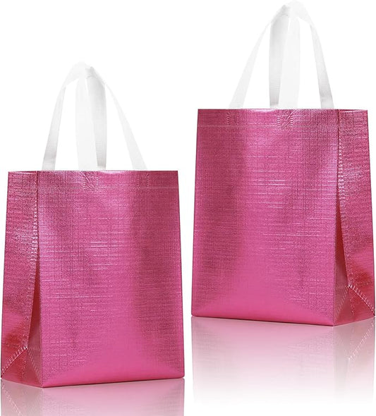 cabzymx 16 Pcs Metallic Bling Small Gift Bags Bulk with Tissue Paper, Glossy Pink Reusable Party Favor Bags for Birthday, Wedding, Christmas, Parties- 10.2x3.9x8.3 In