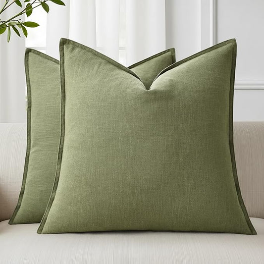 decorUhome Spring Decorative Linen Euro Sham Throw Pillow Covers 22x22 Inch Set of 2 Olive Green Pillow Covers with Flange Edges Soft Farmhouse Boho Accent Pillow Cases for Couch Bed Living Room
