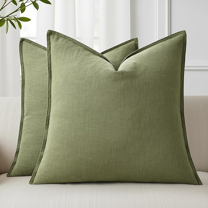 decorUhome Spring Decorative Linen Euro Sham Throw Pillow Covers 24x24 Inch Set of 2 Olive Green Pillow Covers with Flange Edges Soft Farmhouse Boho Accent Pillow Cases for Couch Bed Living Room