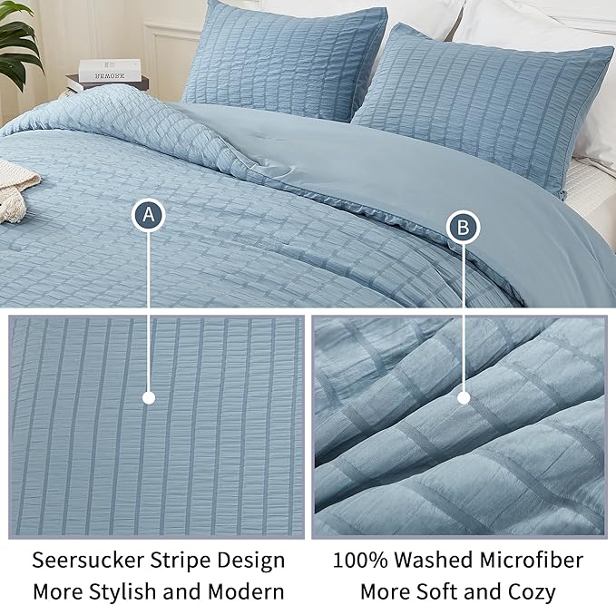 AveLom Seersucker Comforter Set Twin, Grayish Blue, 68x90, 1 Comforter and 1 Pillowcase