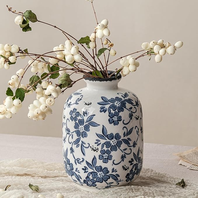 Blue and White Vintage Vase, Ceramic Chinoiserie Floral Vases, Round Farmhouse Rustic Large Flower Vase for Home Decor, Living Room, Office, Bookshelf, Grand Millennial Chinoiserie Decor 7.7 Inch