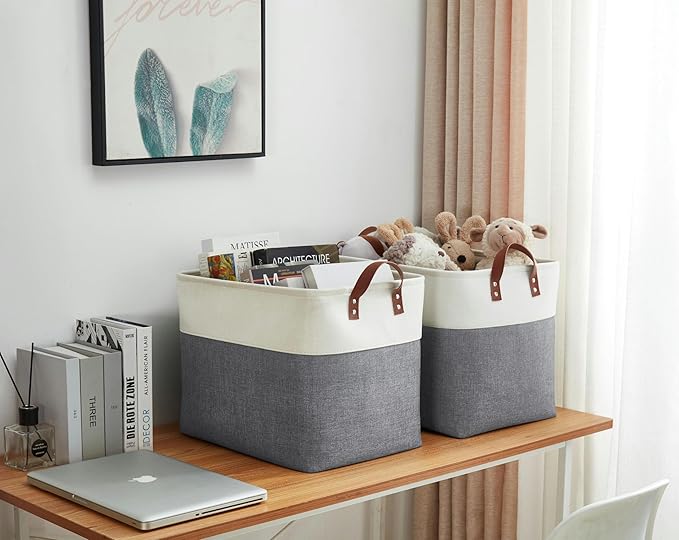 DECOMOMO Large Fabric Storage Baskets - Linen Closet Storage Bins with Handles for Laundry, Clothes, Home, Office (Slate Grey & White, XXL - 3 Pack)