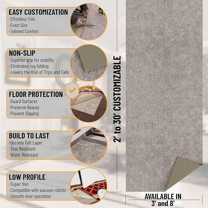Ottomanson 3' x 7' Non-Slip Rug Pad Gripper 1/4 Inch Thick Dual Surface Felt + Rubber Gripper - Safe for All Floors, Brown