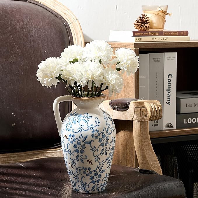 Blue-and-White Porcelain Antique Vase, 8.9 Inch Vintage Chinoiserie Floral Vase, Rustic Ceramic Vase for Home Decor, Living Room, Bookshelf, Office, Entryway, Garden, Chinoiserie Decor, Tuscan Decor