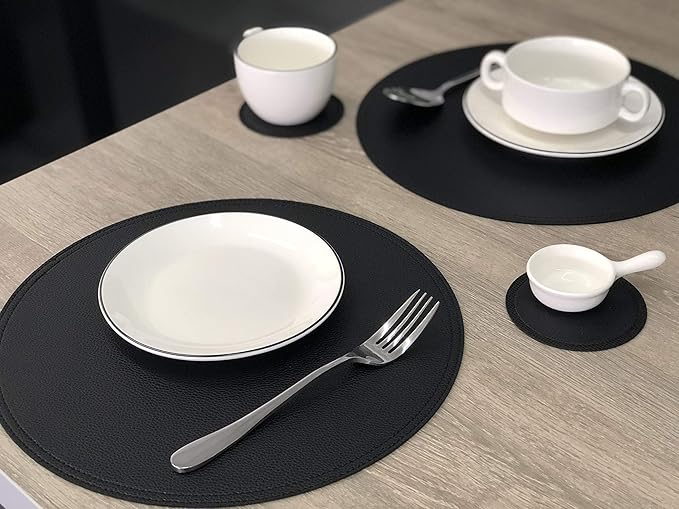Faux Leather Round Placemats and Coasters, Disko Table Mats and Drink Spills Coasters, Easy to Clean, Double Stitched for Kitchen Dining Table, Diameter 13''and 3.9''