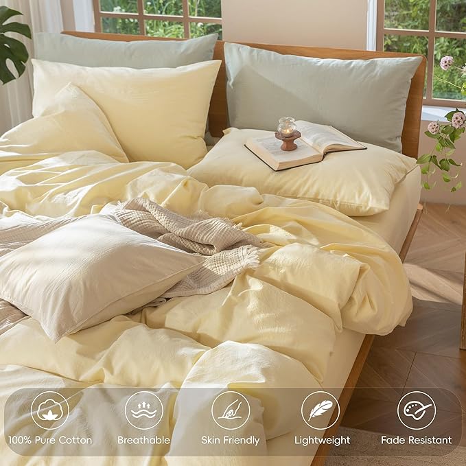MooMee Bedding Duvet Cover Set 100% Washed Cotton Linen Like Textured Breathable Durable Soft Comfy (Heathered Butter Yellow, Oversized Queen 98"x98")