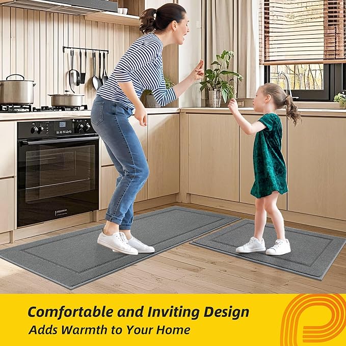 JSEI Non-Slip Kitchen Mats, Self Adhesive No Sliding Kitchen Rugs Set of 2, Washable Absorbent Floor Mat for Kitchen, Bathroom, Laundry Room, Bedroom, 20”x32”+32”x48”, Light Grey, Rectangular Pattern