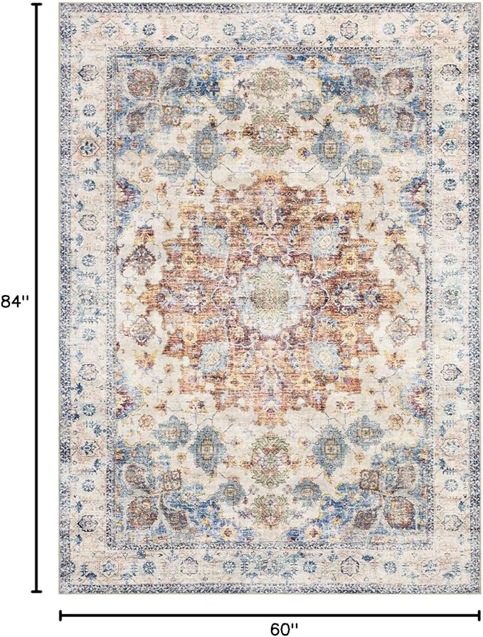 Domitapis Area Rug 5×7, Vintage Boho Rug,Ultra-Soft Low Pile, Washable, Non Slip,Stain Resistant Printed Carpet for Living Room Bedrooms Playroom Office Kitchen, Blue/Red