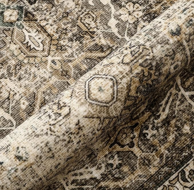 PureCozy Brown Runner Rug 2x14 Vintage Area Carpet Hallway Long Indoor Kitchen Washable Living Room Low Pile Traditional Distressed Retro Accent Throw Rug Non Slip Laundry Bathroom Office Dining Room
