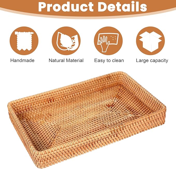 Wicker Storage Basket Rattan Tray Rectangular Wicker Basket Decorative Serving Tray Fruit Baskets Food Serving Holders Woven Baskets for Storage Home Kitchen Restaurant Decor