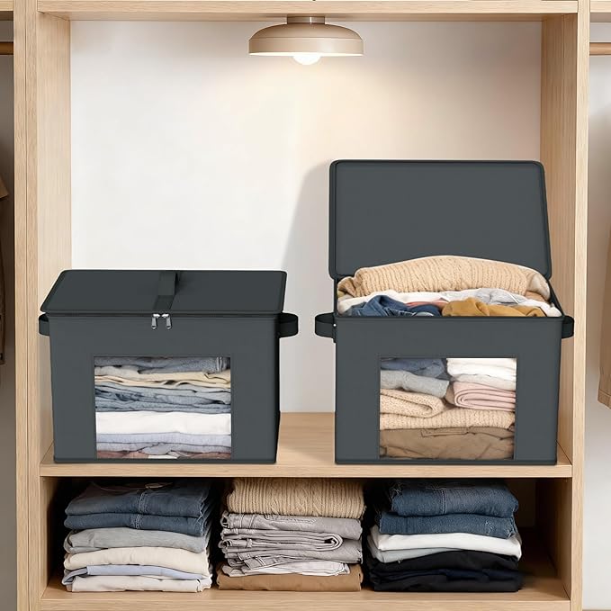 Zilink Fabric Organizer Bins with Lids 4-Pack Collapsible Stackable Storage Bins with Zipper & Clear Window Closet Organizer Storage Bins for Home, Office, Bedroom (Dark Grey,17" x 12" x 12")