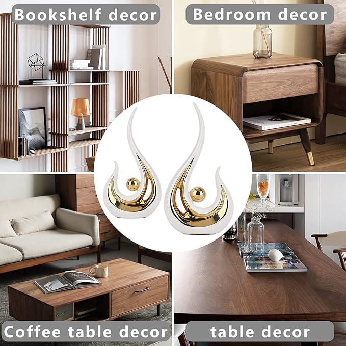 LCCCK 2-Pack Modern Abstract Art Home Decor Accent, Contemporary Statues Coffee Table Decor for Living Room, Dining Room Centerpieces, Ceramic Sculptures and Gold Knick Knacks for TV Stand Decor