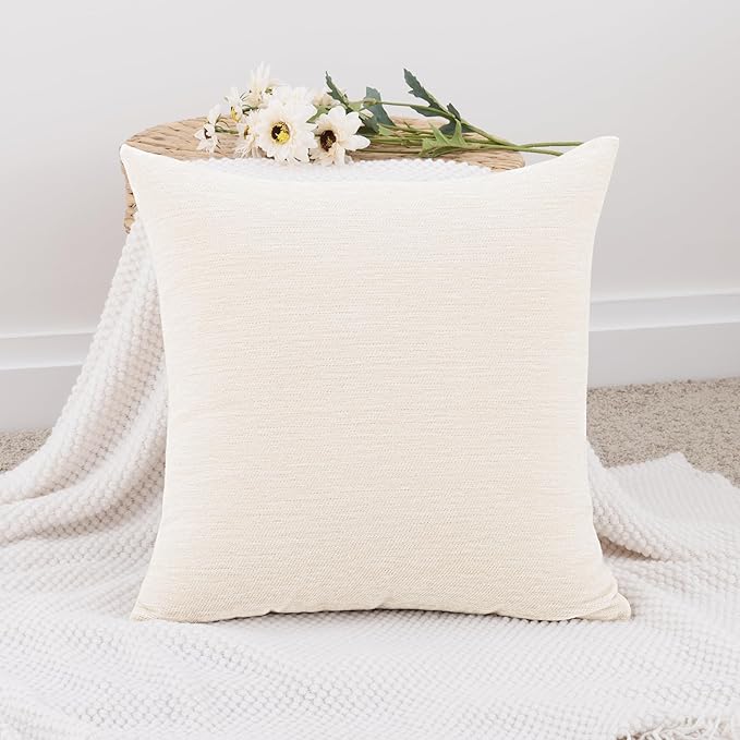 Set of 4 Cream White Throw Pillow Covers 24x24 Inch, Neutral Boho Farmhouse Aesthetic Decorative Pillow Cases for Couch, Sofa, Living Room & Bed, Chenille Pillow Cases, Stylish Home Decor, 60x60 cm