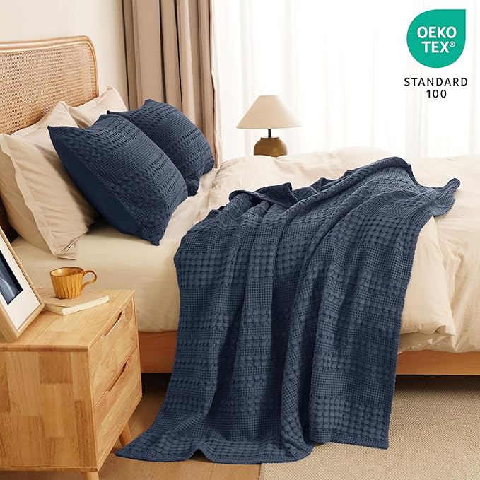 PHF 100% Cotton Waffle Weave Throw Blanket, Soft Lightweight Breathable Cozy Throws for Couch Bed Sofa, 300 GSM Luxury Aesthetic Blanket Gift for Home Decor & Office, 50"x60", Indigo