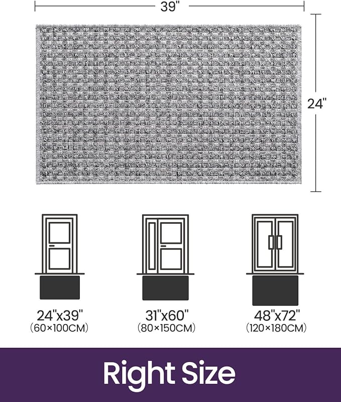 DEXI Dirt Trapper Door Mat, 24x39 Washable Doormat, Dirt Resistant and Absorbent, Easy Clean Low-Profile Floor Rugs for Entryway, Front Door, and Inside Entrance, Checkered Grey