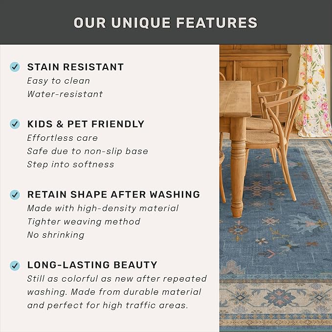 Hazo Haus Boho 2x5 Kitchen Rugs Non Slip - Washable Blue Runner Rug for Bedroom Beside Bed, Laundry Room, Hallway, Non Slip with Rubber Backing, Floral Eclectic Unique Runner Décor