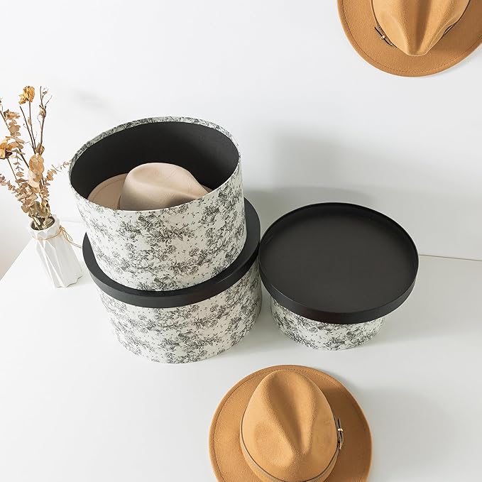 Soul & Lane Floral Hat Round Boxes with Lids, Set of 3 Nesting Cardboard Hat Storage, Large Black Print Cases, Stacking Round Decorative Keepsake Boxes for Organizing