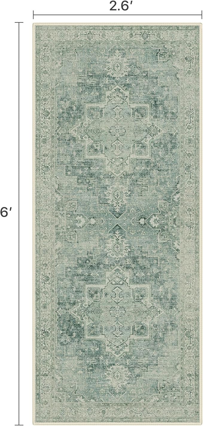 BESBLEE Runner Rug 2'6''x6 Non Slip Machine Washable Vintage Hallway Runner Rug, Low PileLight Weight Rugs for Entryway, Hallway, Kitchen and Corridor, Green