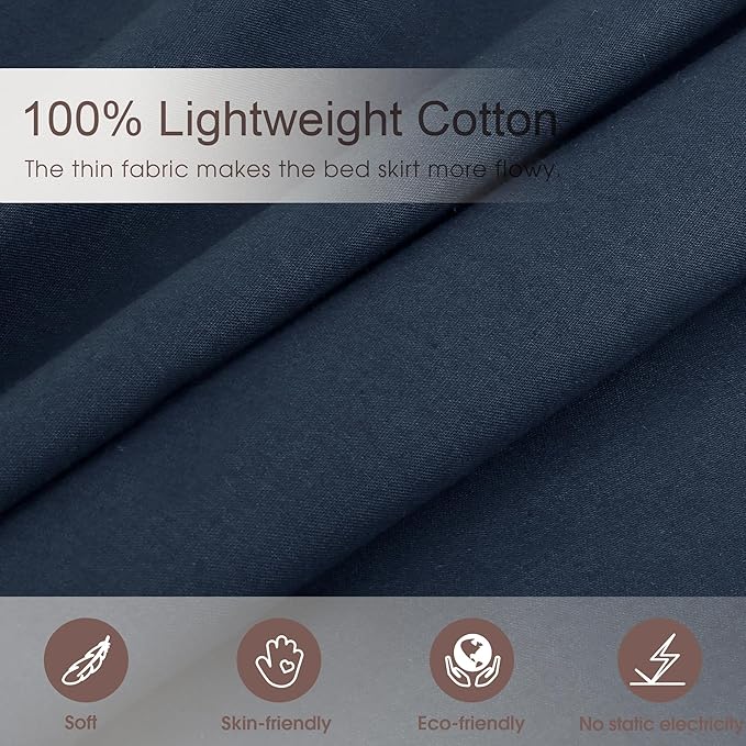 Vlocemon Queen Size 14 inch Drop Navy Blue Dust Ruffle, 100% Lightweight Cotton Ruffled Bed Skirt, French Coutry Style, Lace Ruffled Bed Skirt with Split Corners