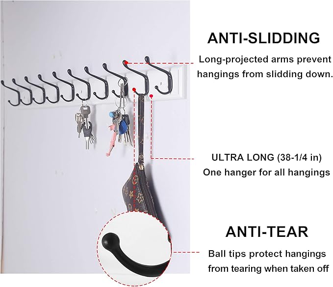 Dseap Coat Rack Wall Mounted: 10-Hooks, 16" Hole to Hole, 38-1/4" Long, Wood Coat Hooks Wall Mounted, Hook Rack, Hook Rail, Hooks for Hanging Coats, White & Black, 2 Packs