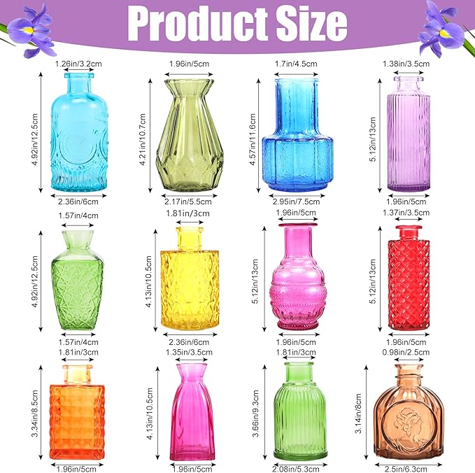 12 Pcs Glass Bud Vases in Bulk,Mini Vintage Flower Vases for Centerpieces,Colored Small Vases for Flowers,Glass Bottles for Home Wedding PartiesTable Decoration (Many Colors)