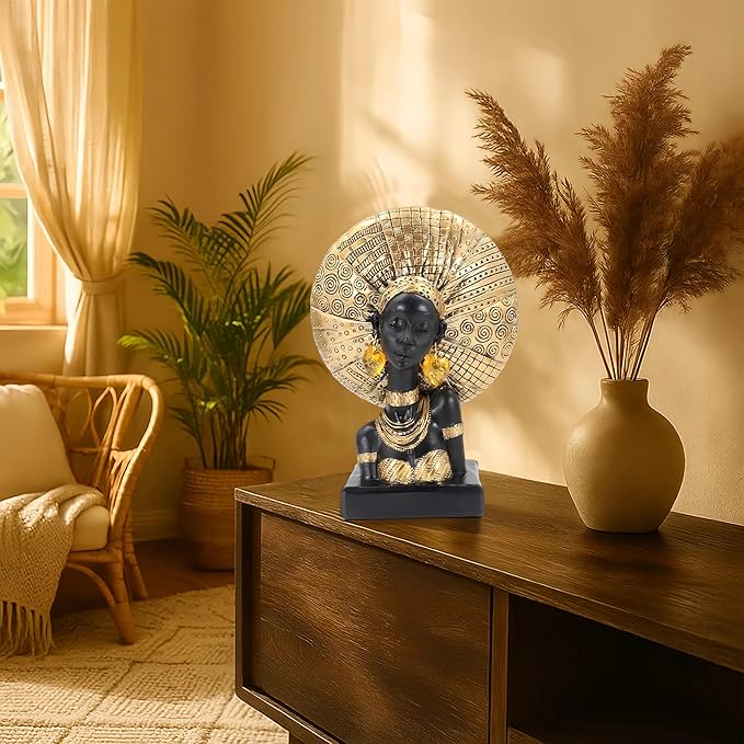 African Lady Bust Statue with Golden Headwrap – Resin Tribal Woman Sculpture for Home Decor, Black and Gold Figurine for Shelf, Table, Office, Living Room, Gifts for Women