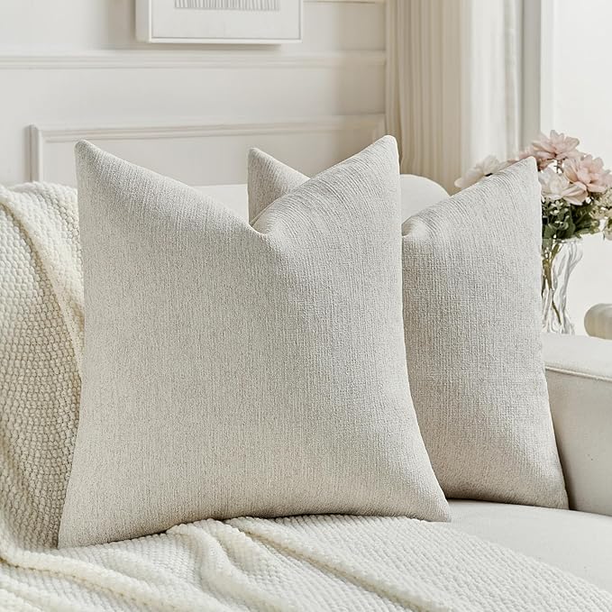 FUTEI Natural White Wood Chenille Decorative Throw Pillow Covers 16x16 Inch Set of 2,Soft Cozy Faux Linen Textured Cushion Case,Farmhouse Home Decor for Couch Living Room